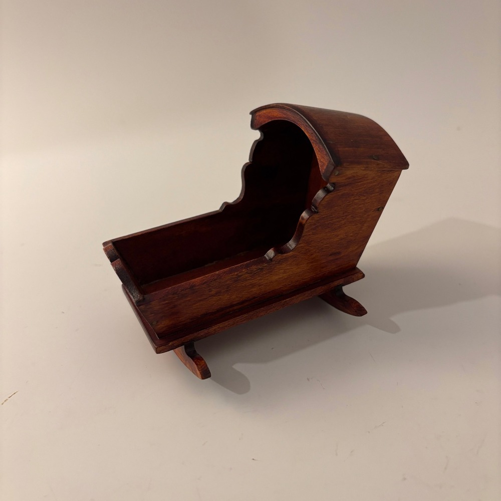 VTG Tynie Toy Dollhouse Miniature Hooded Rocking Cradle Stamped Wood 1:12
